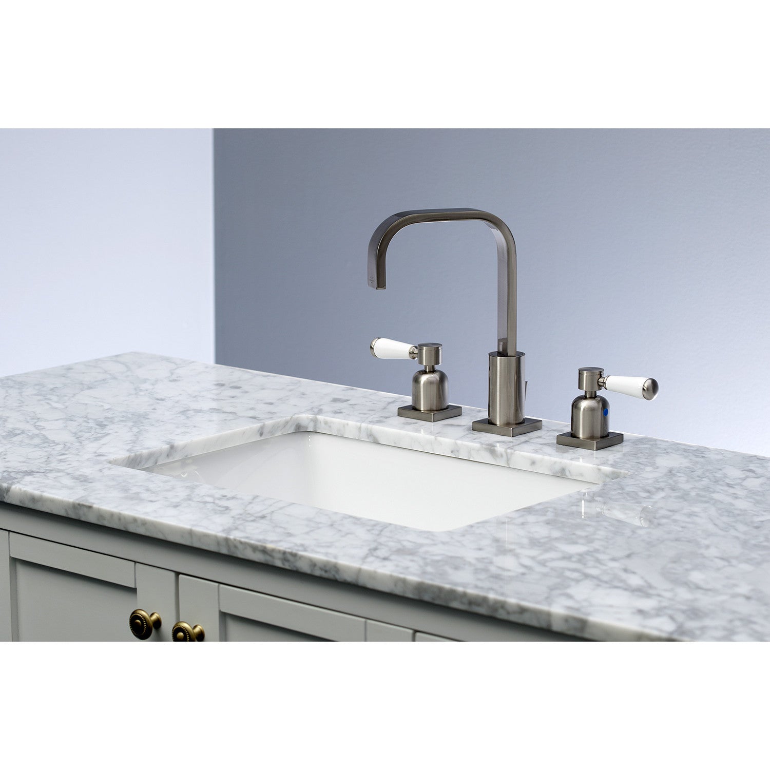 Kingston Tulare FSC8968DPL - Paris Two-Handle 3-Hole Deck Mount Widespread Bathroom Faucet with Pop-Up Drain, Brushed Nickel — thumbnail 2